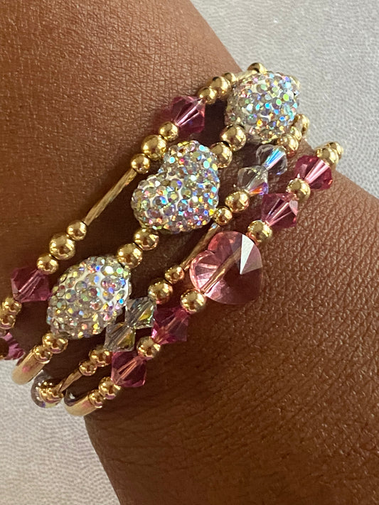 2 Heart Bangle & 2 Swarovski Bracelets (4 piece Set)
