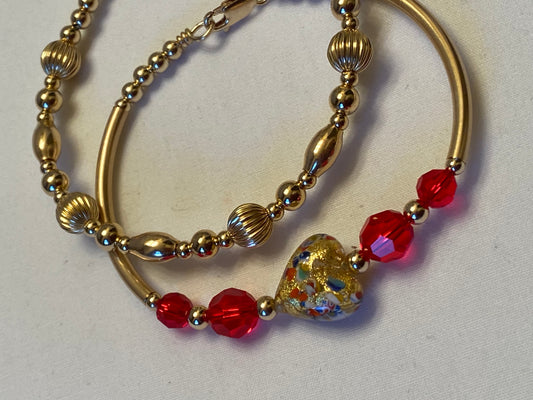 Gold/Ruby Heart Bangle & Gold Bracelet Set (2)