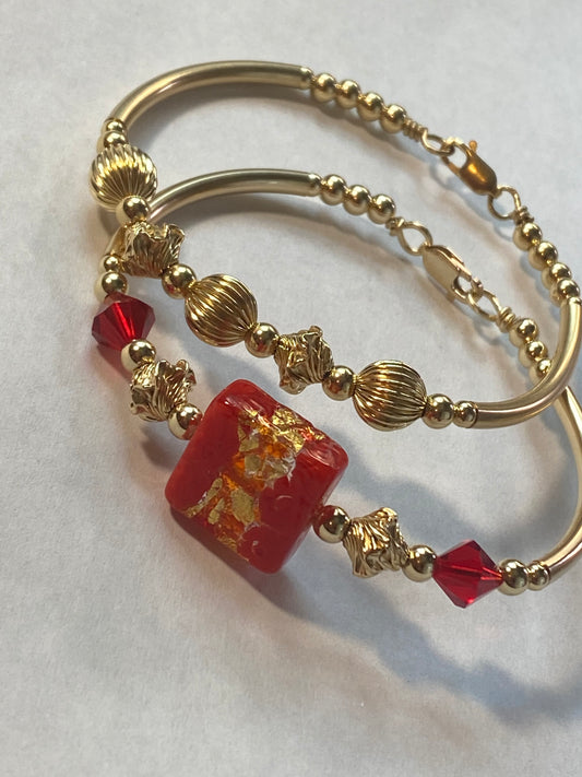 Red Square Bangle w/ a splash of gold & Gold Bangle (Set 2 )